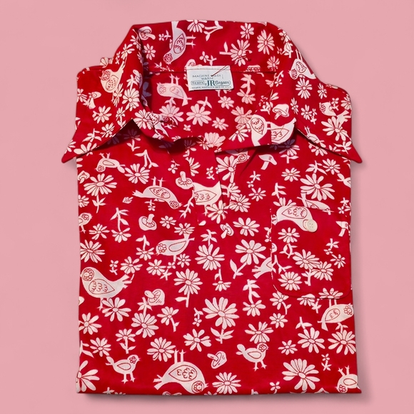 Vintage Sears Roebuck & Co/JR Bazaar Vibrant Red w/White Retro Print Men's Shirt - Picture 4 of 6